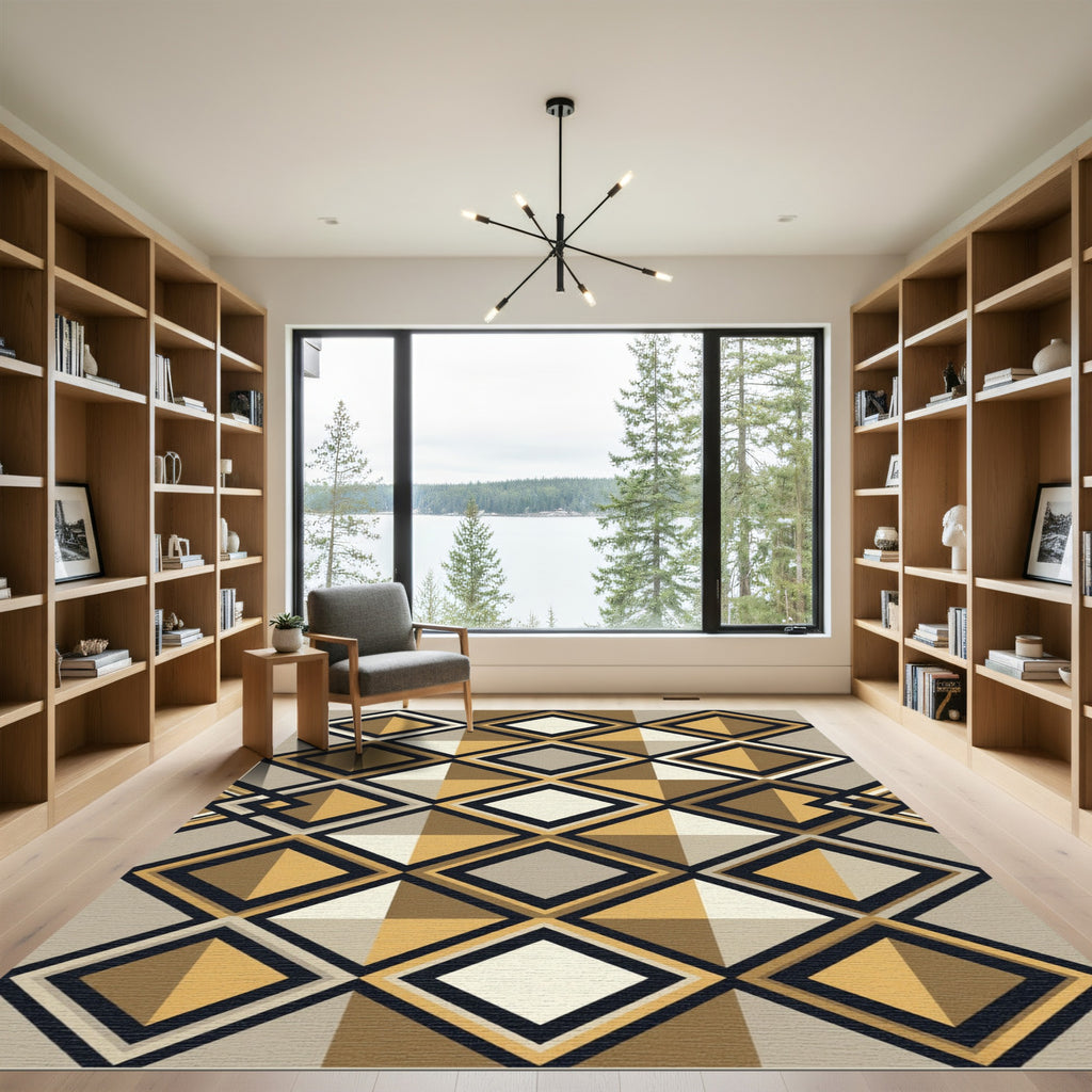 Modern Geometric Ochre Diamond Grid Rug