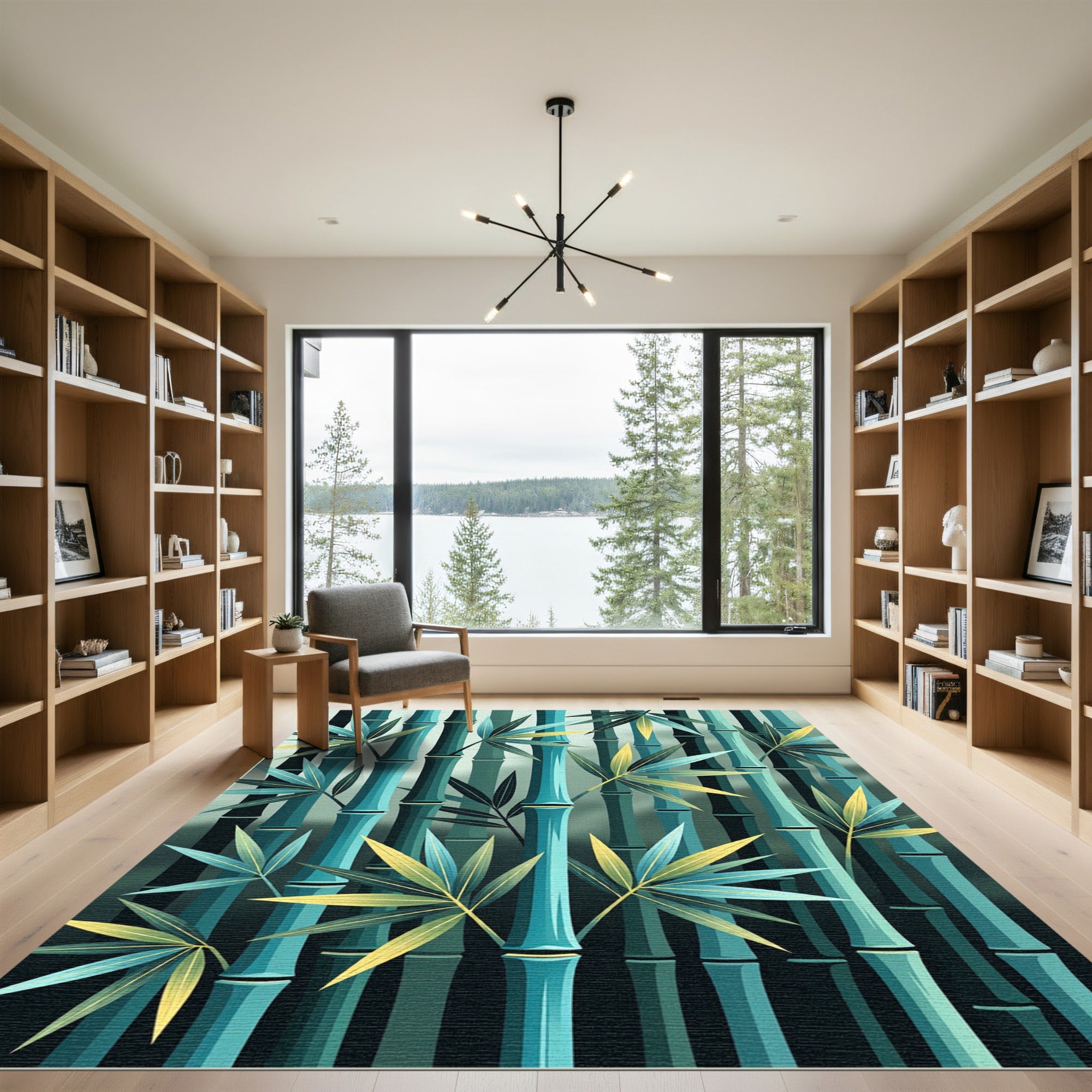 Lush Teal Bamboo Forest Foliage Rug