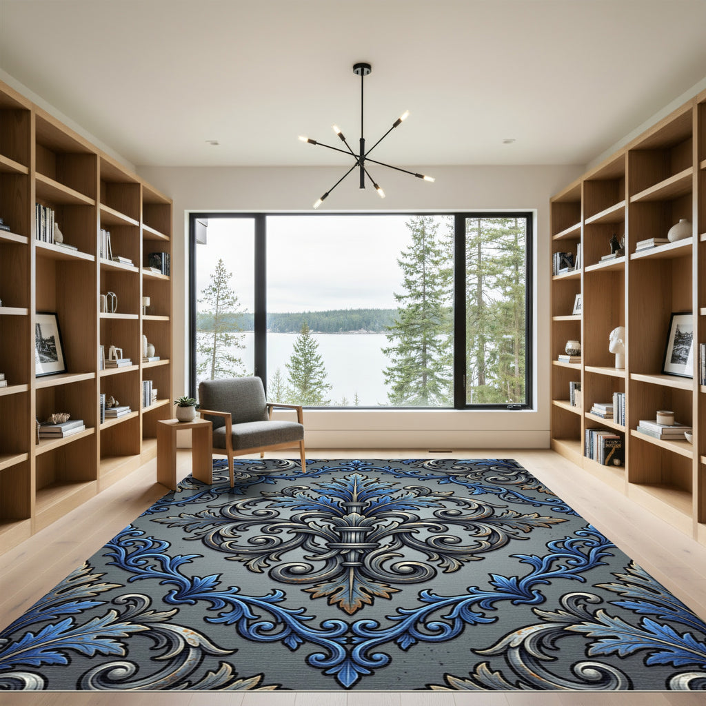 Ornate Blue Gray Damask Fleur Scroll Rug