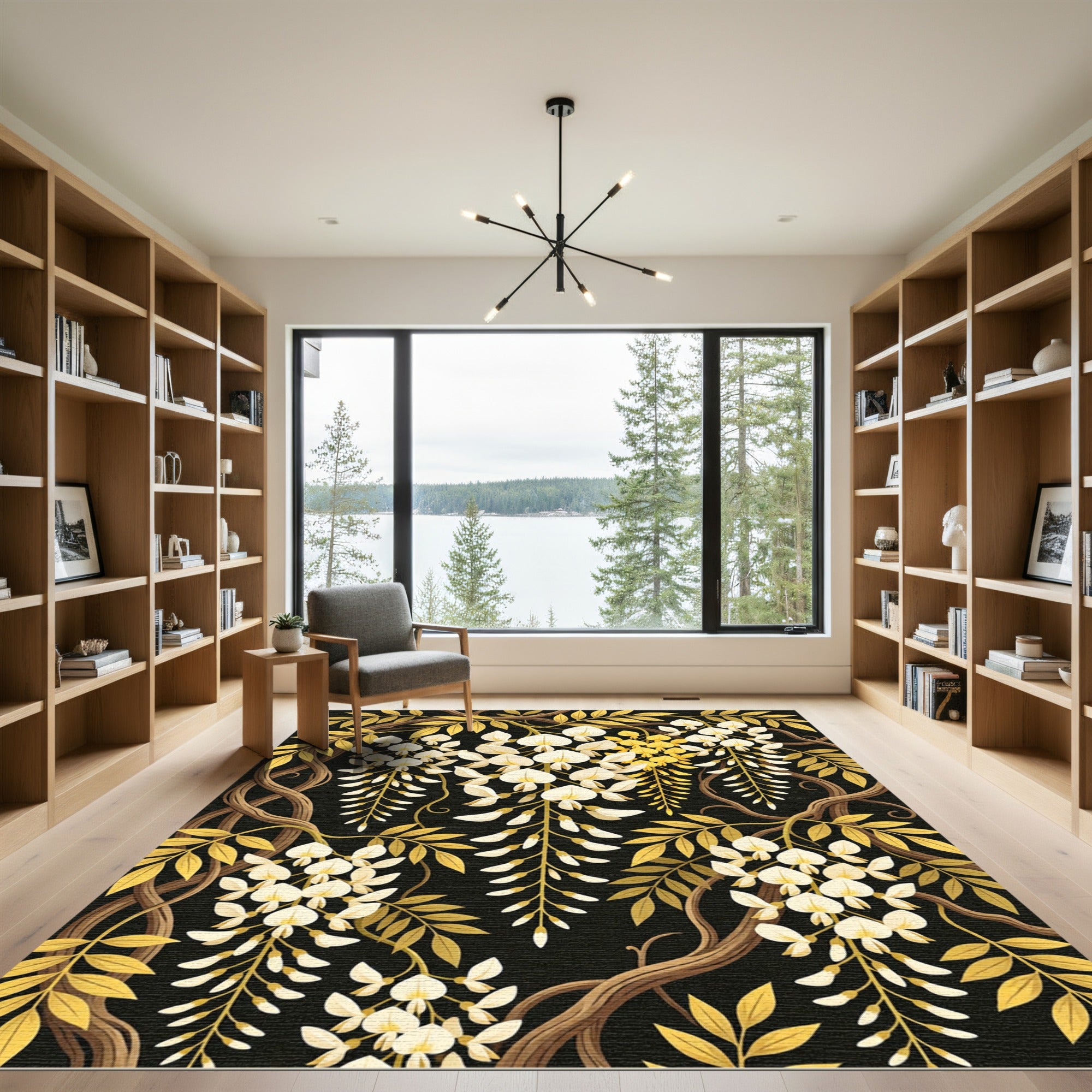 Elegant Gold Wisteria Floral Vine Rug