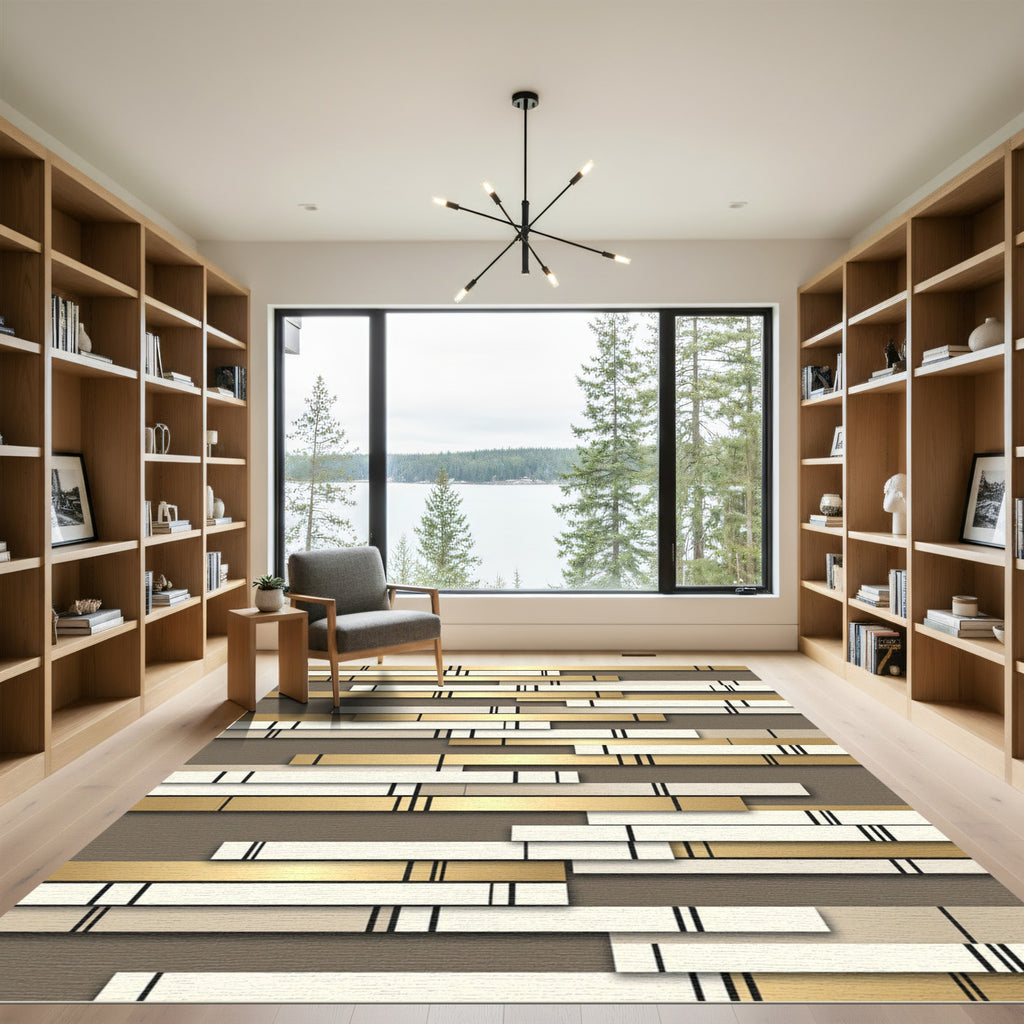 Golden White Horizontal Stripe Composition Rug