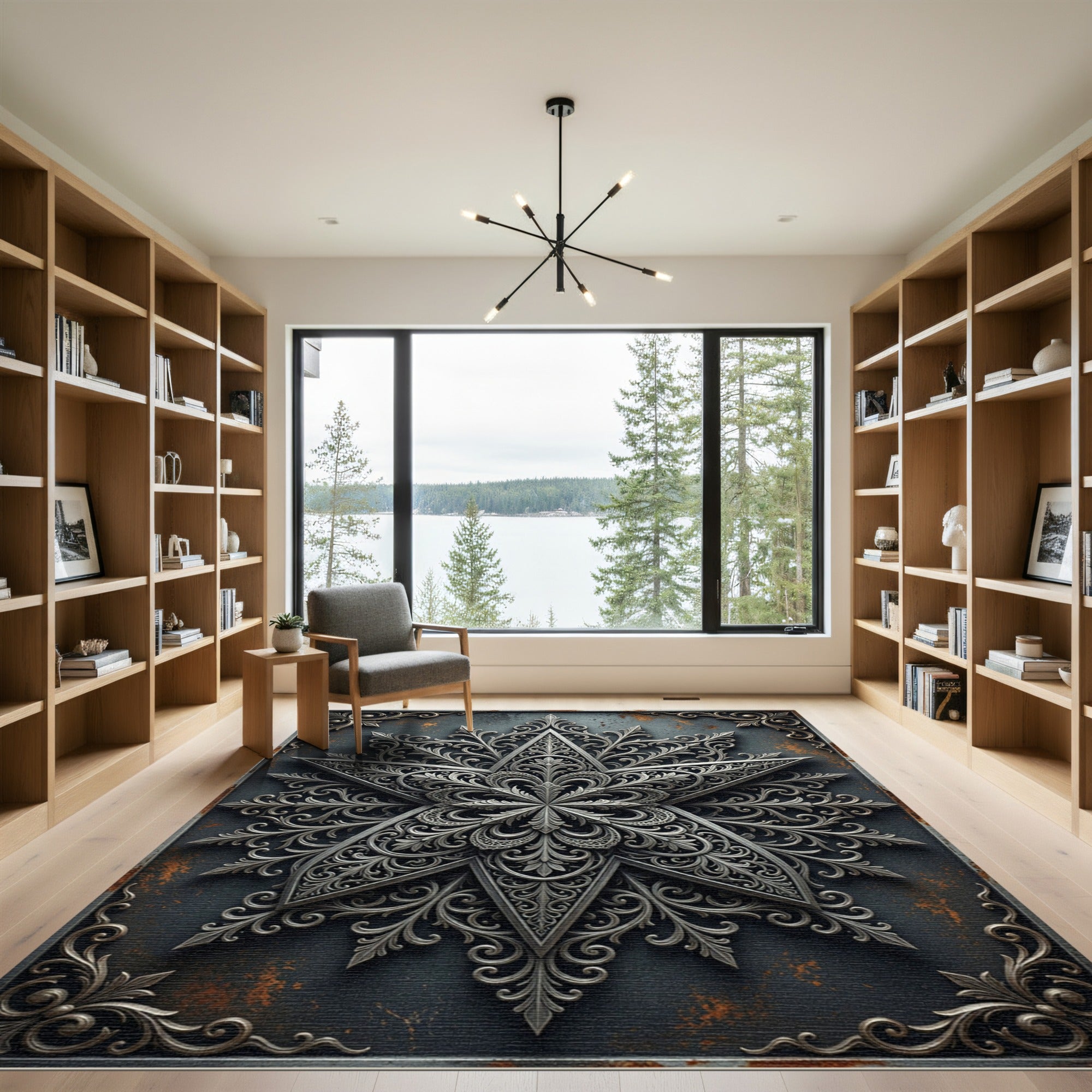 Ornate Silver Star Aged Iron Medallion Rug