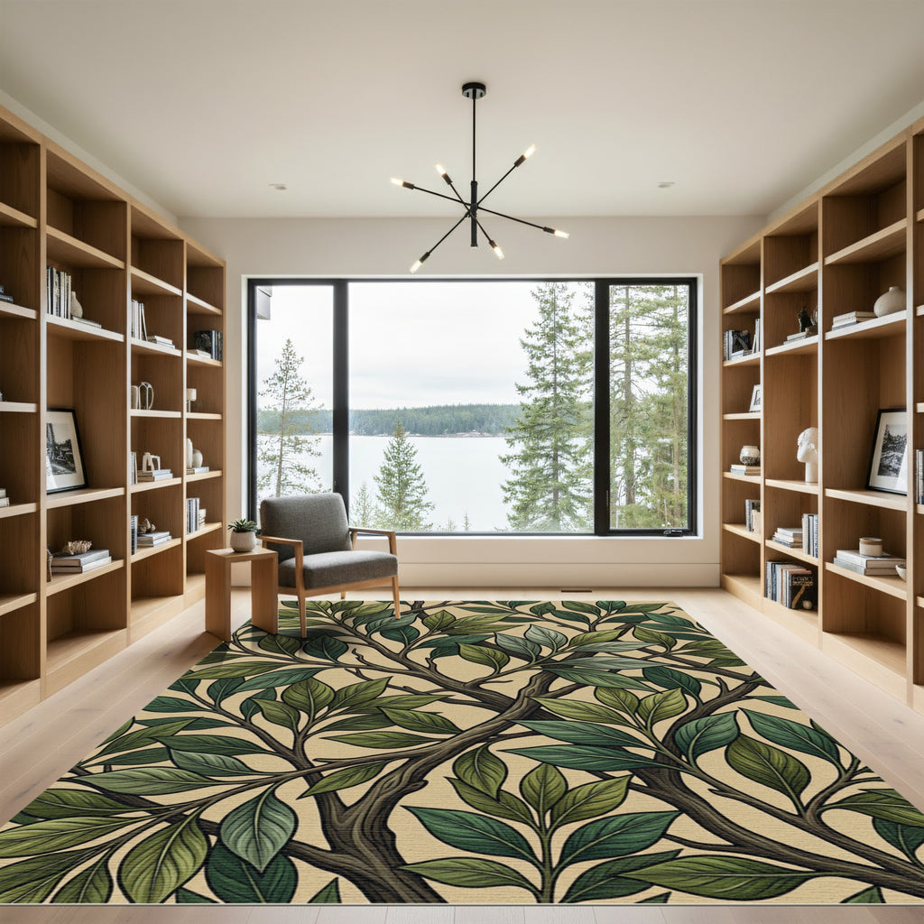 Lush Green Botanical Foliage Branch Rug