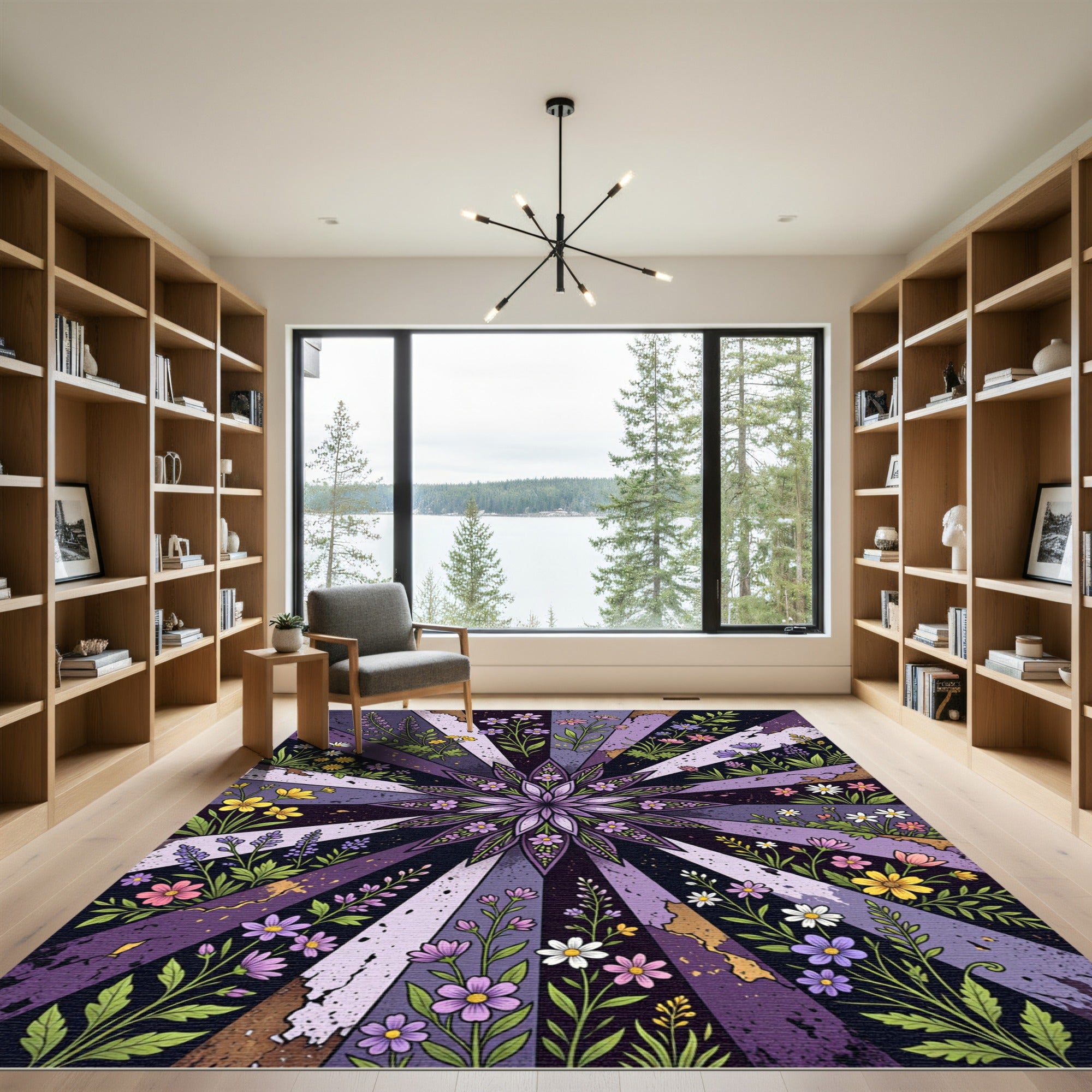 Radiant Purple Floral Mandala Sunburst Rug