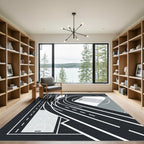 Modern Black and White Athletic Court Abstract Rug
