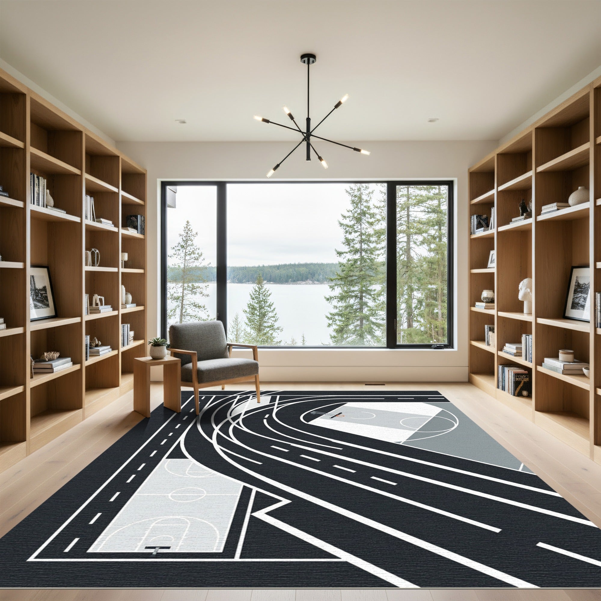 Modern Black and White Athletic Court Abstract Rug