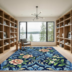 Elegant Navy Blue Peony Damask Rug