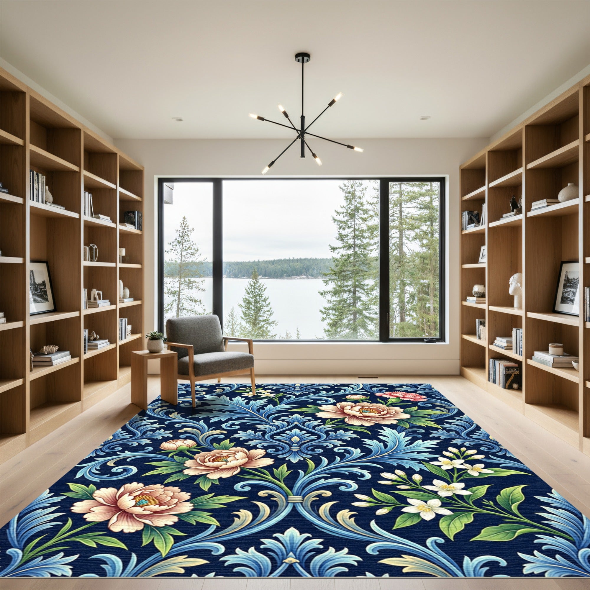 Elegant Navy Blue Peony Damask Rug