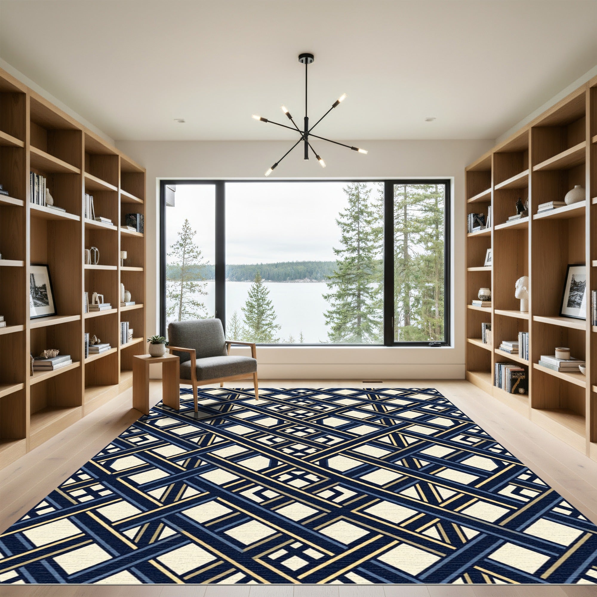 Art Deco Navy Gold Geometric Lattice Rug