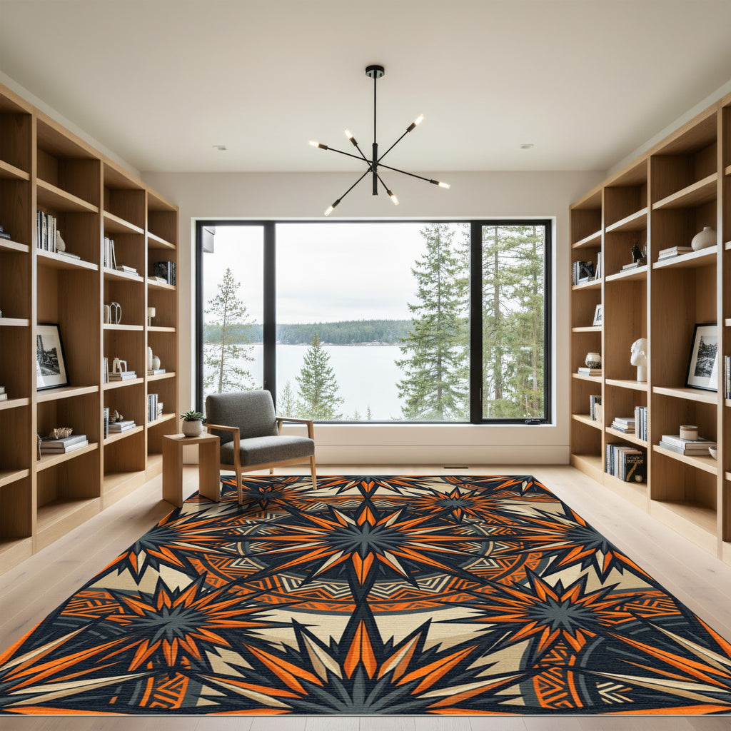 Angular Sunburst Geometric Orange Charcoal Rug