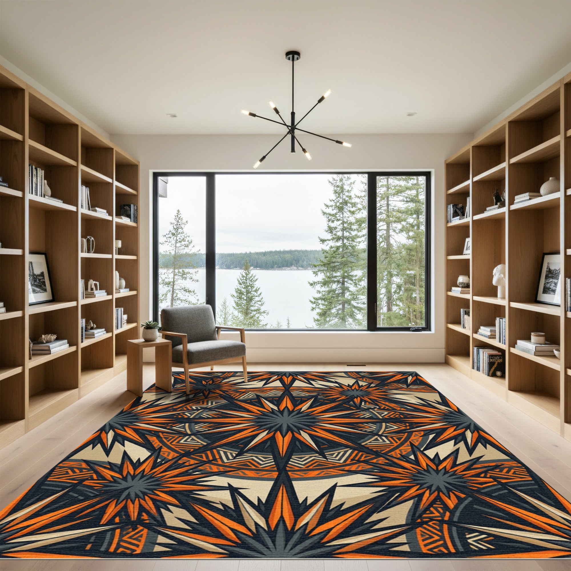 Angular Sunburst Geometric Orange Charcoal Rug