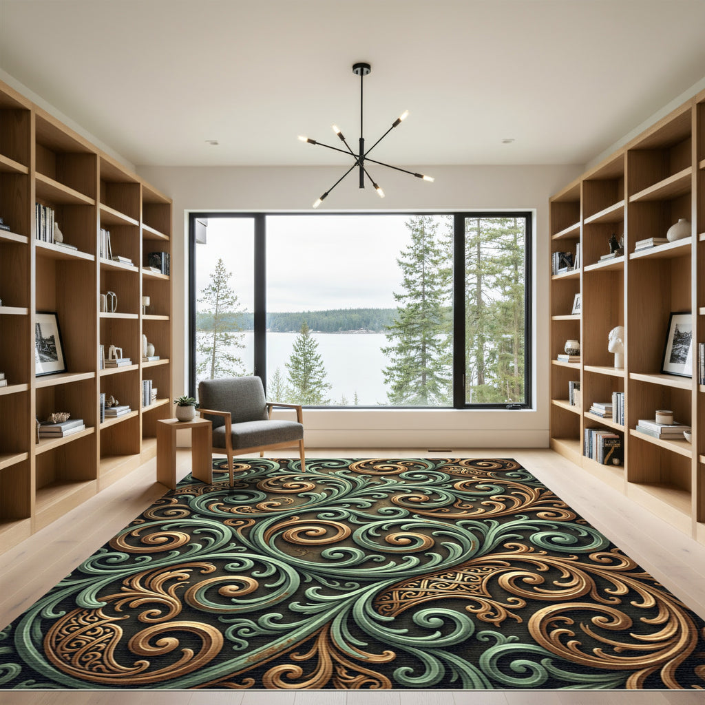 Ornate Teal Gold Swirl Filigree Rug