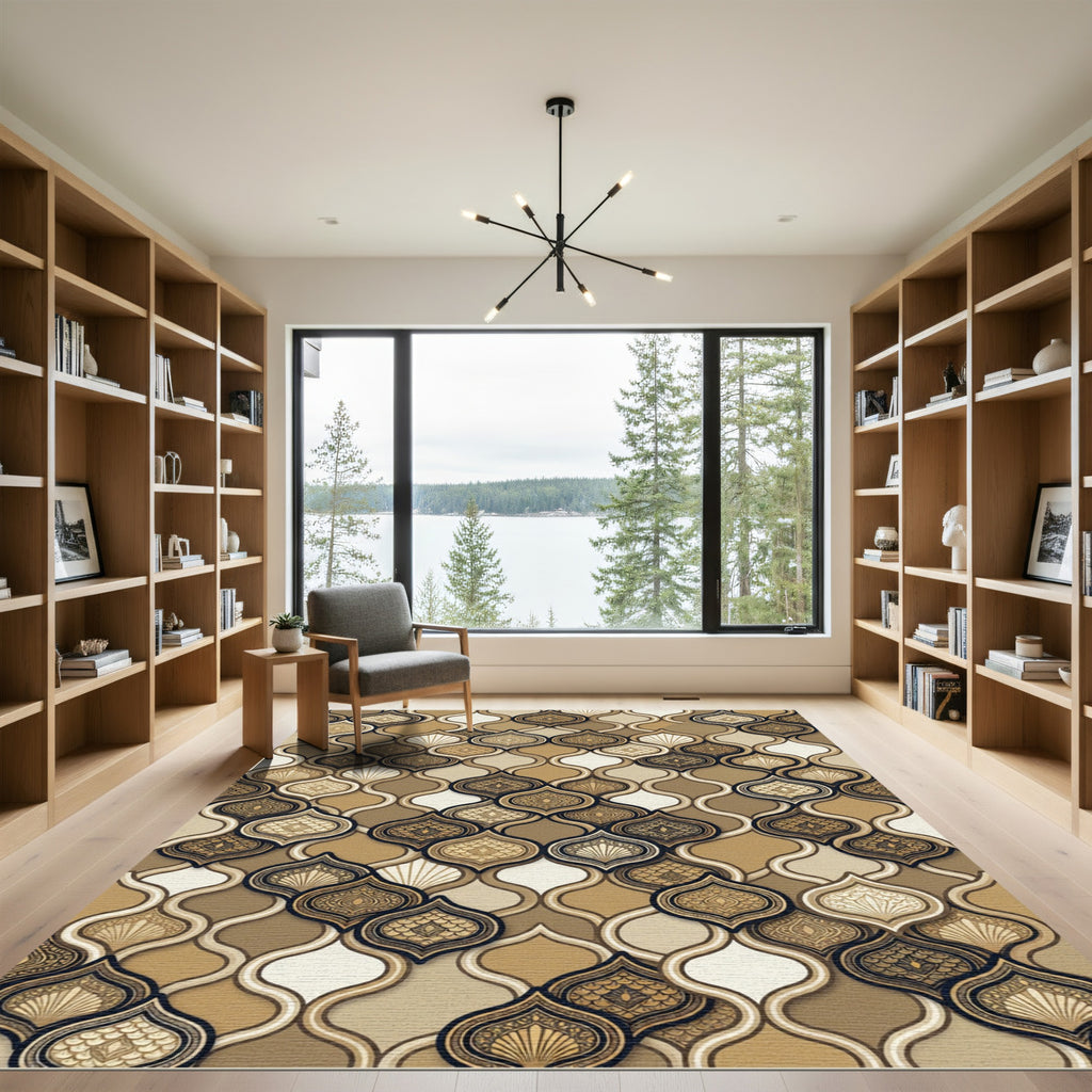 Elegant Gold Scalloped Geometric Tile Rug