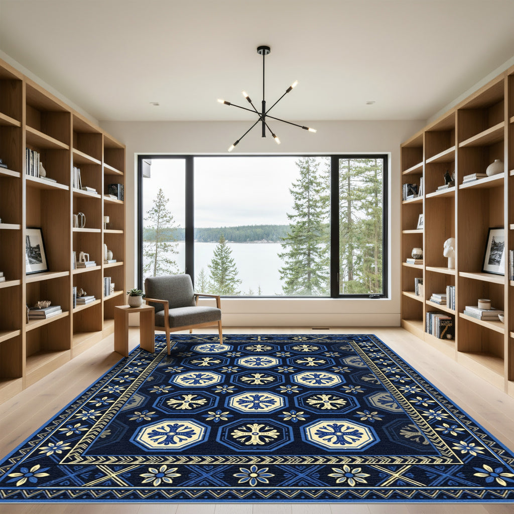 Elegant Navy and Gold Octagon Tile Rug