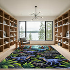 Vibrant Blue Dinosaur Jungle Landscape Rug