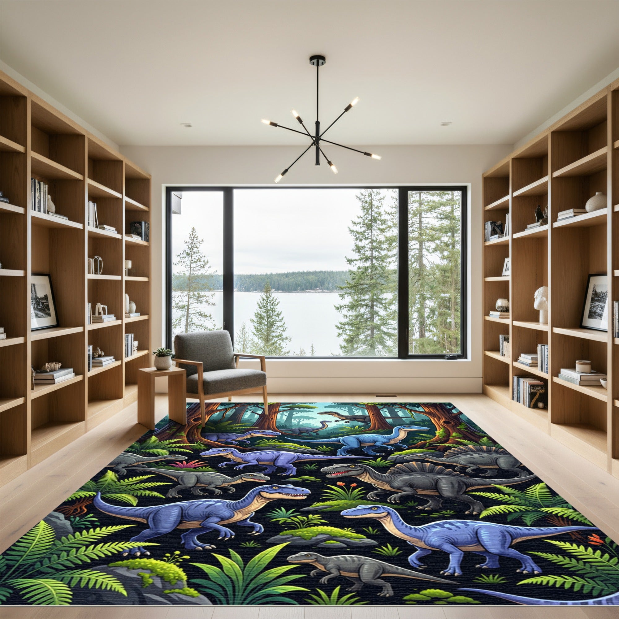 Vibrant Blue Dinosaur Jungle Landscape Rug