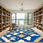 Navy and Gold Scalloped Shell Grid Rug