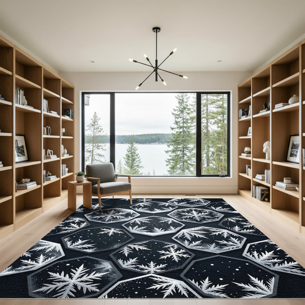 Elegant Midnight Hexagon Snowflake Mosaic Rug