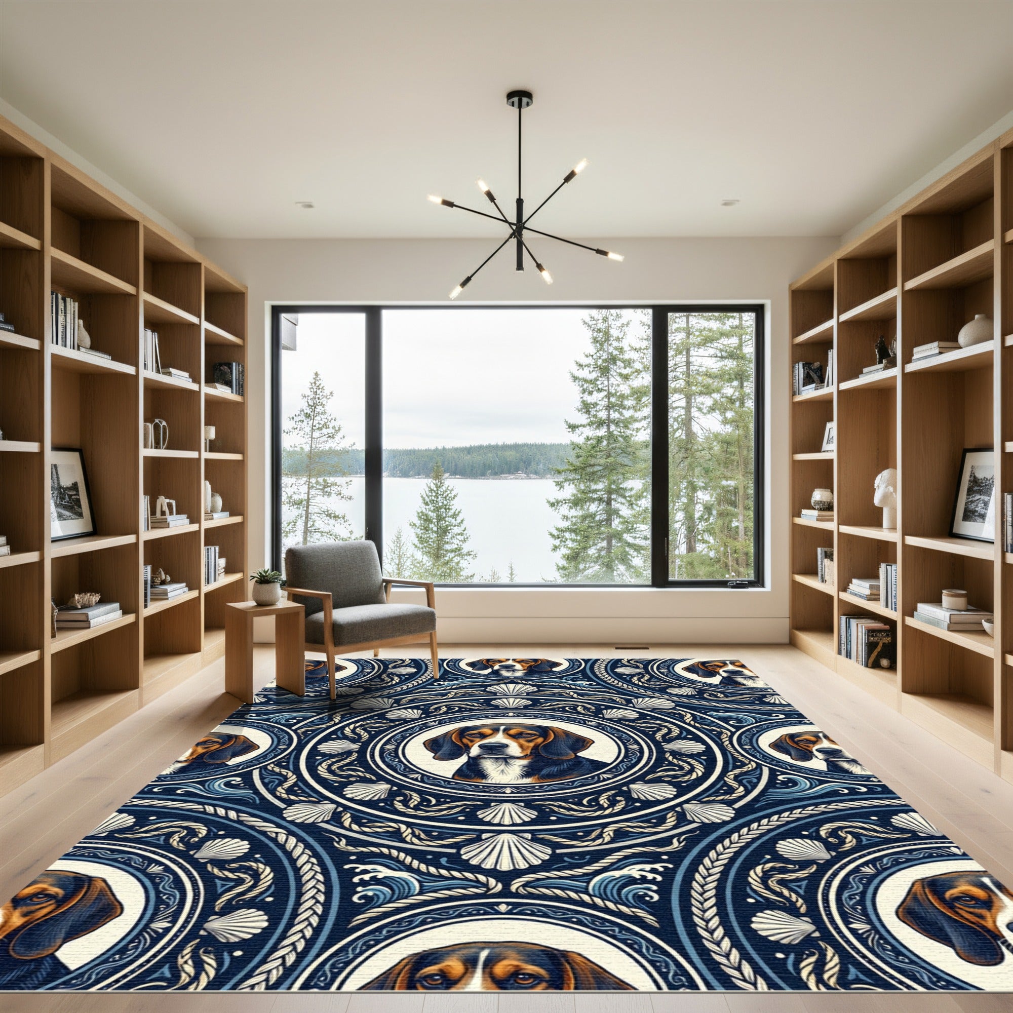 Navy Nautical Beagle Medallion Shells Rug