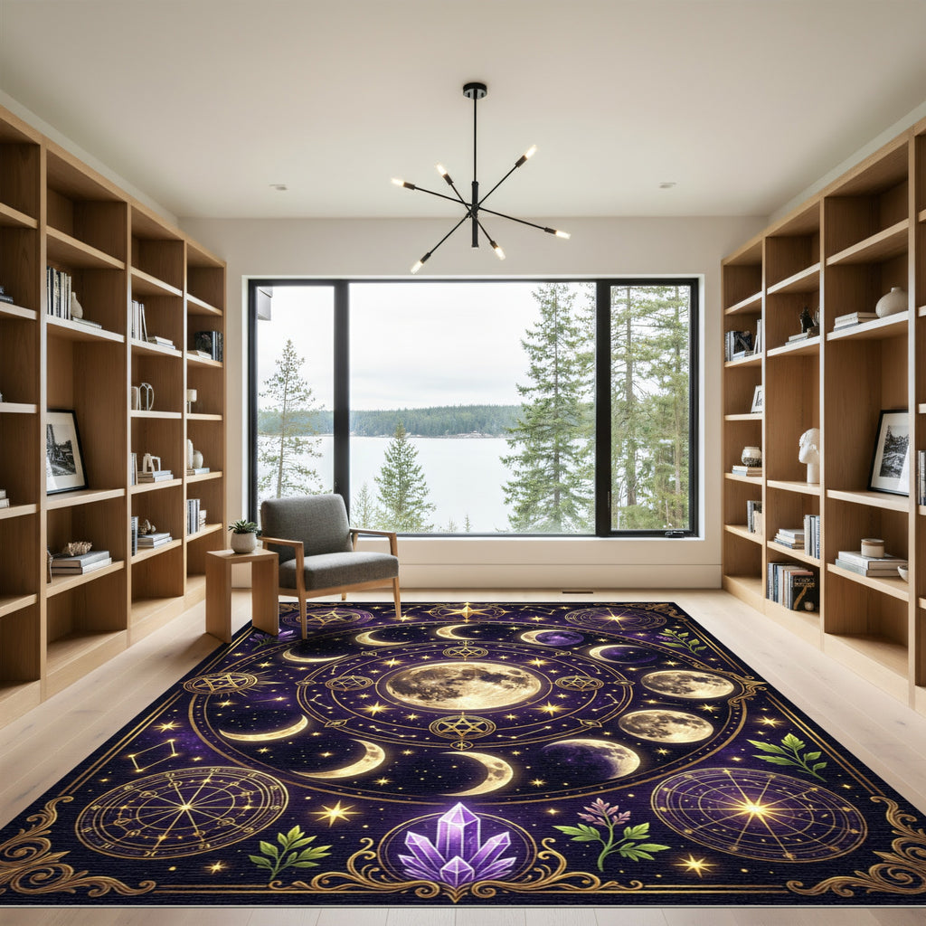 Celestial Lunar Phase Golden Galaxy Area Rug