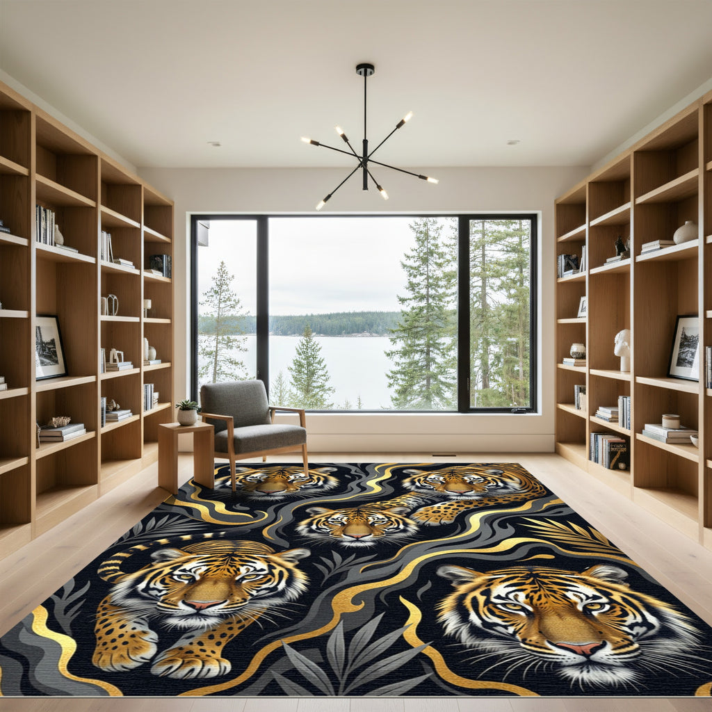 Golden Tiger Black Smoke Surreal Art Rug