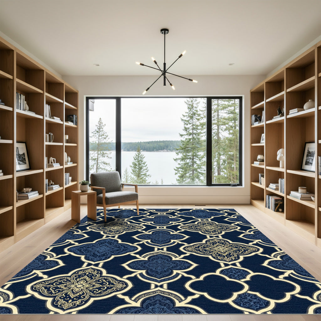 Elegant Navy and Gold Damask Lattice Rug