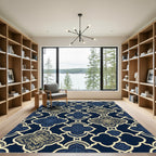 Elegant Navy and Gold Damask Lattice Rug