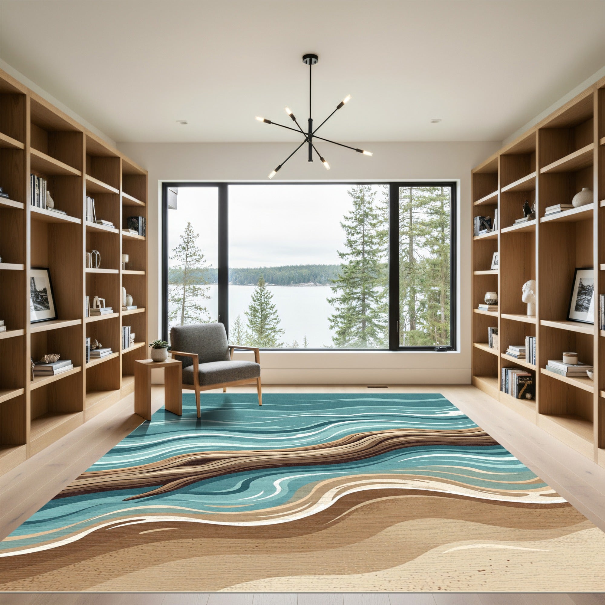 Abstract Driftwood On Rippling Teal Shore Rug