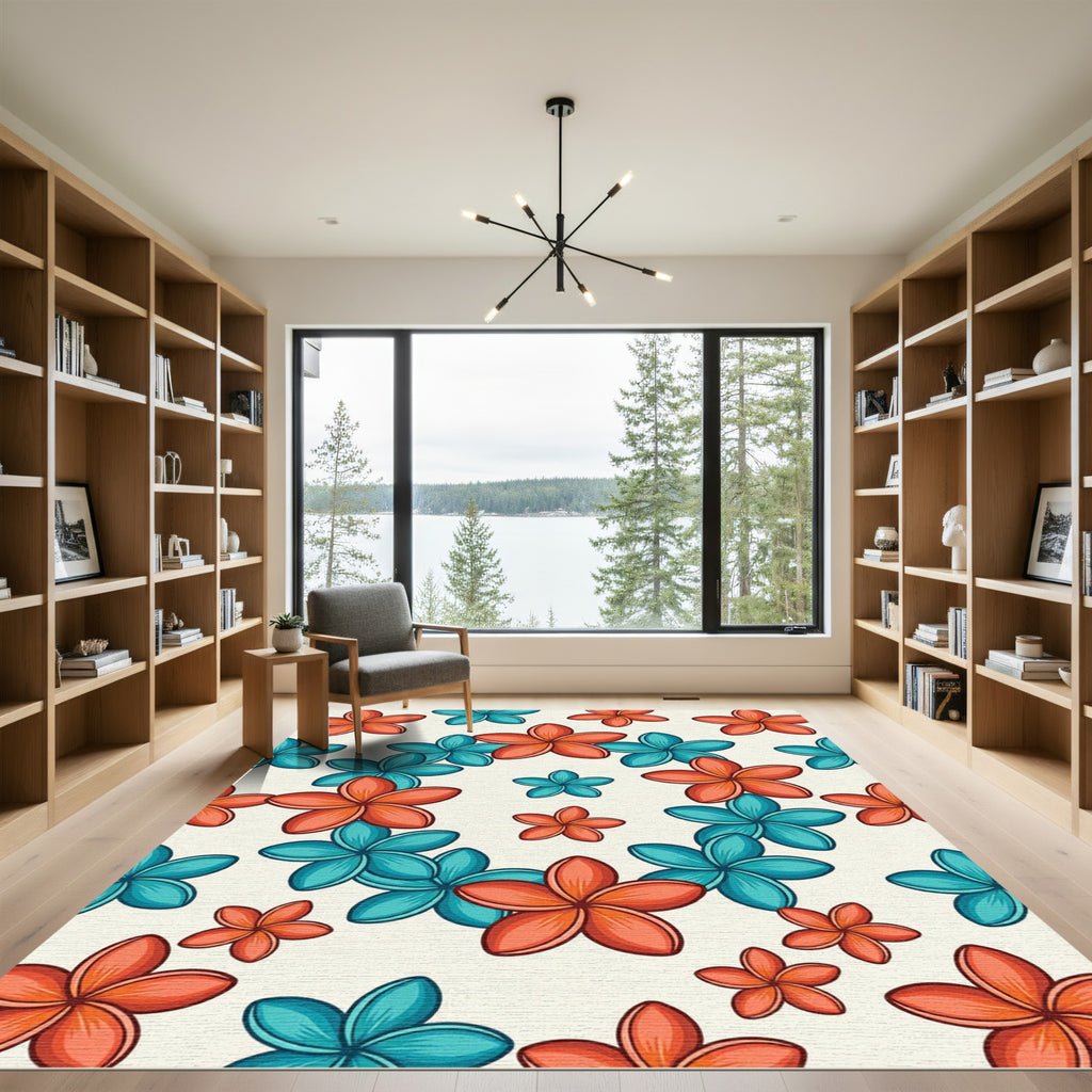 Tropical Plumeria Teal and Coral Floral Rug