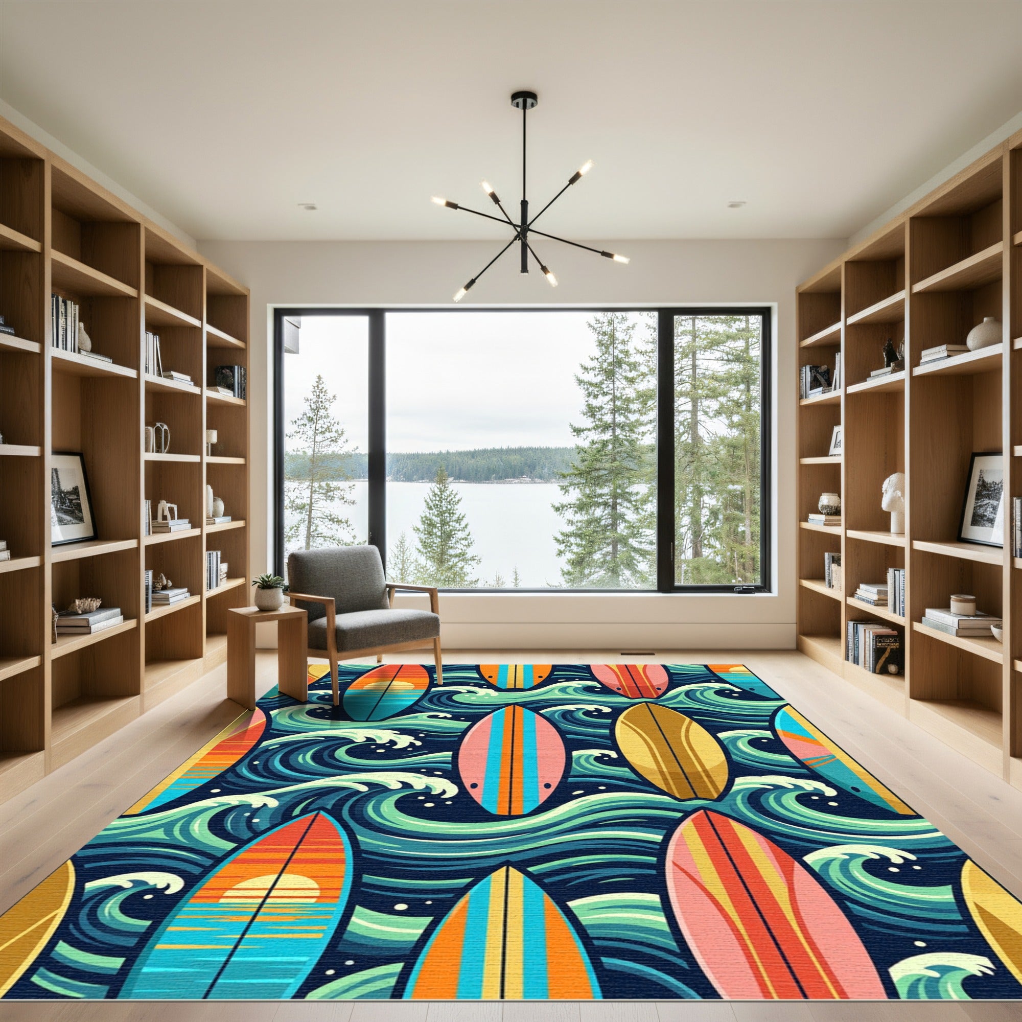 Retro Surfboard Sunset Ocean Wave Art Rug
