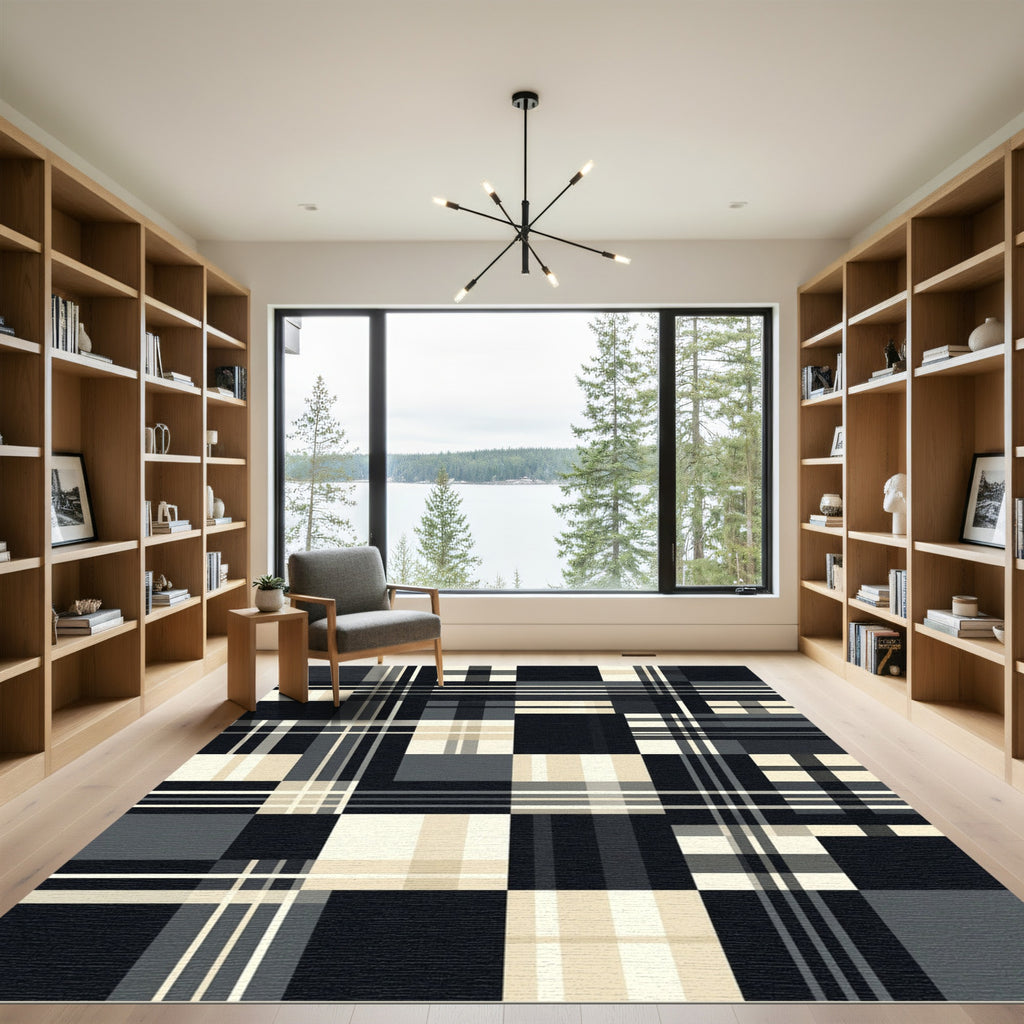 Monochrome Geometric Plaid Block Rug