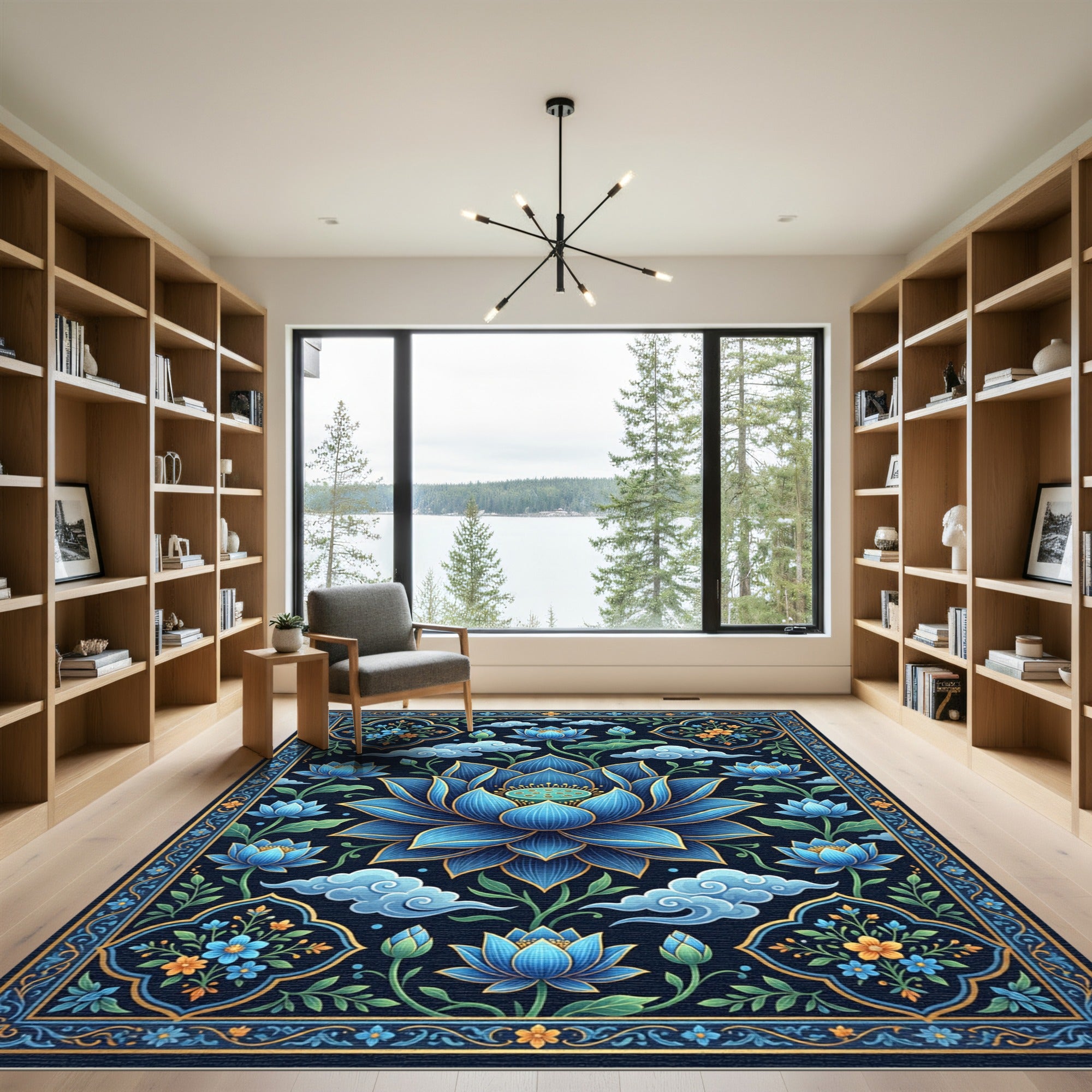 Deep Blue Lotus Blossom Garden Rug