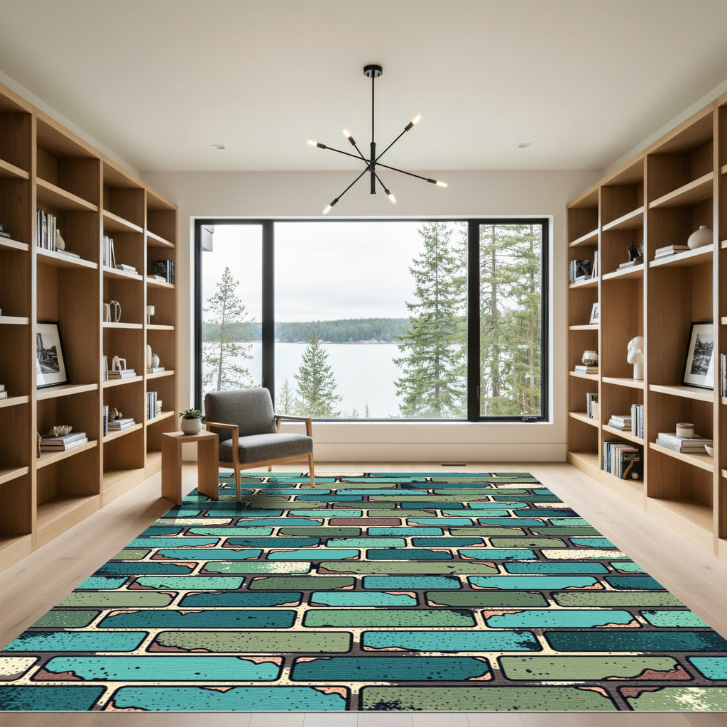 Textured Teal Green Brick Wall Rug