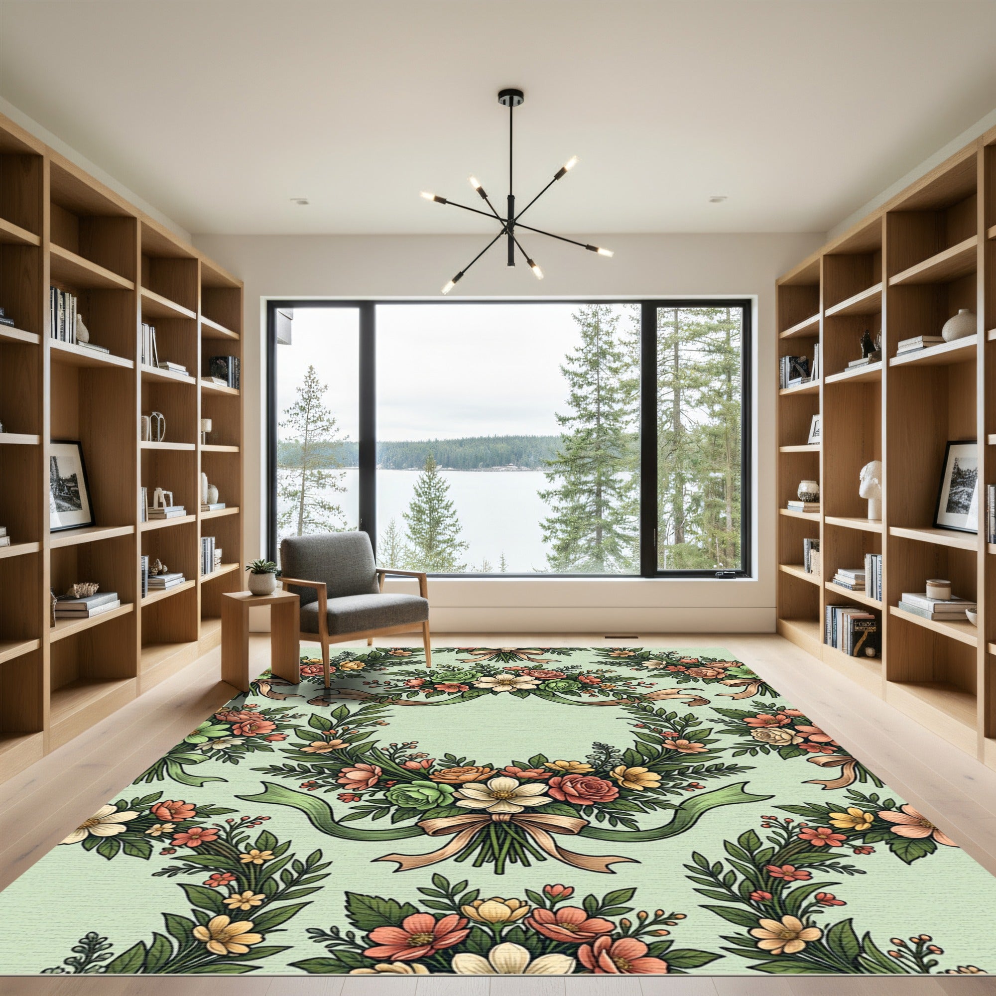 Sage Green Floral Wreath Ribbon Rug