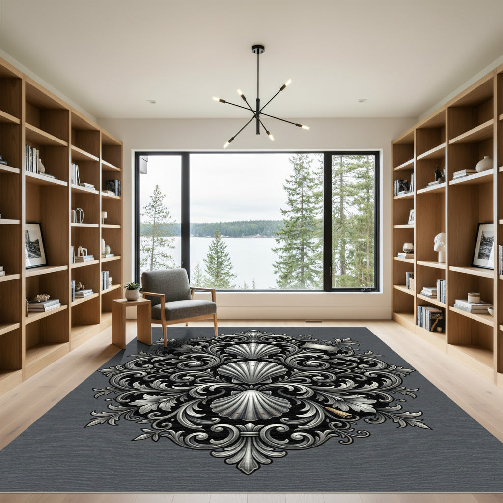 Elegant Silver Scalloped Shell Damask Rug