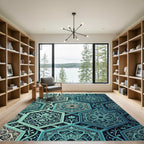 Teal Hexagonal Floral Lattice Medallion Rug
