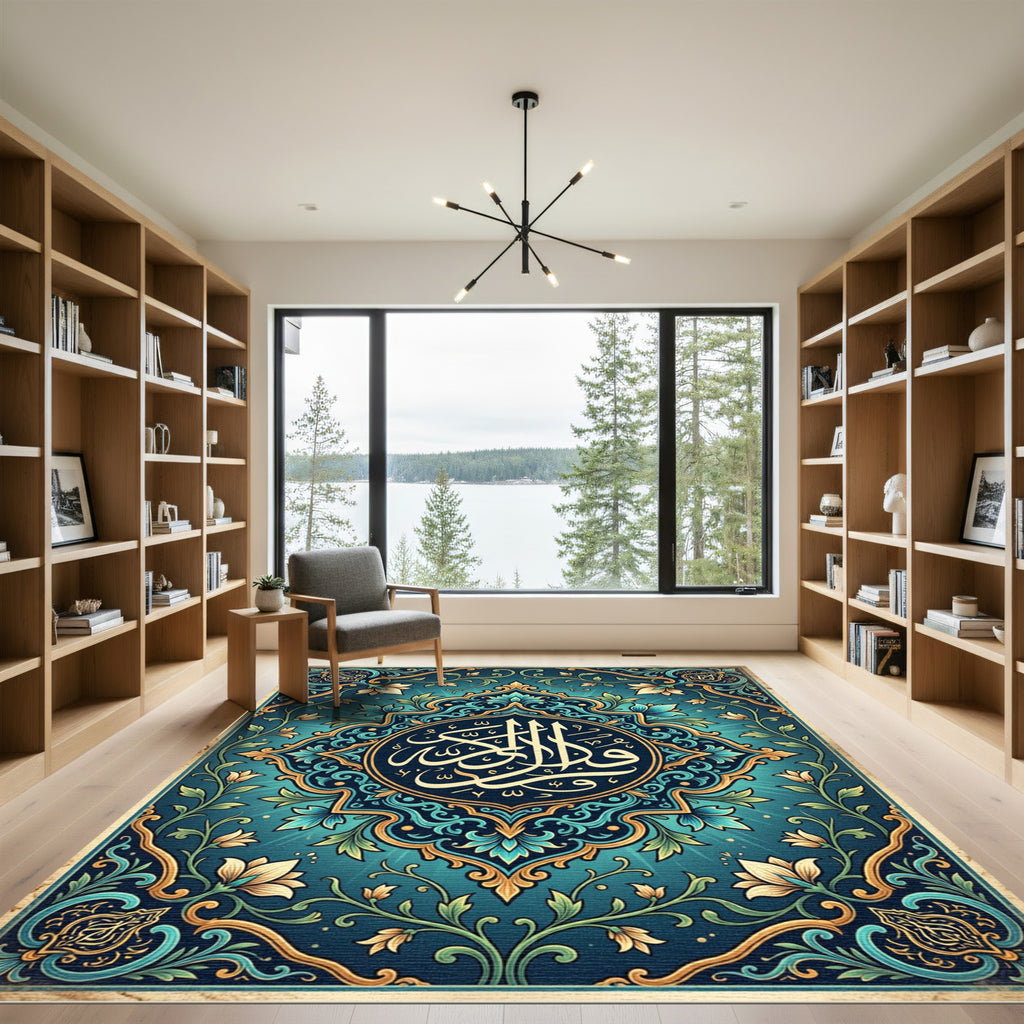 Ornate Teal Floral Calligraphy Medallion Rug