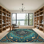 Ornate Teal Floral Calligraphy Medallion Rug