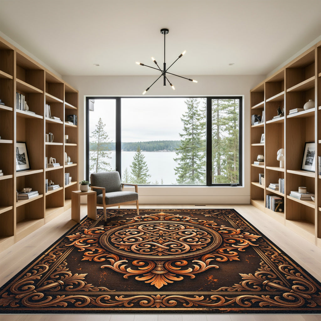 Ornate Golden Acanthus Scroll Rug