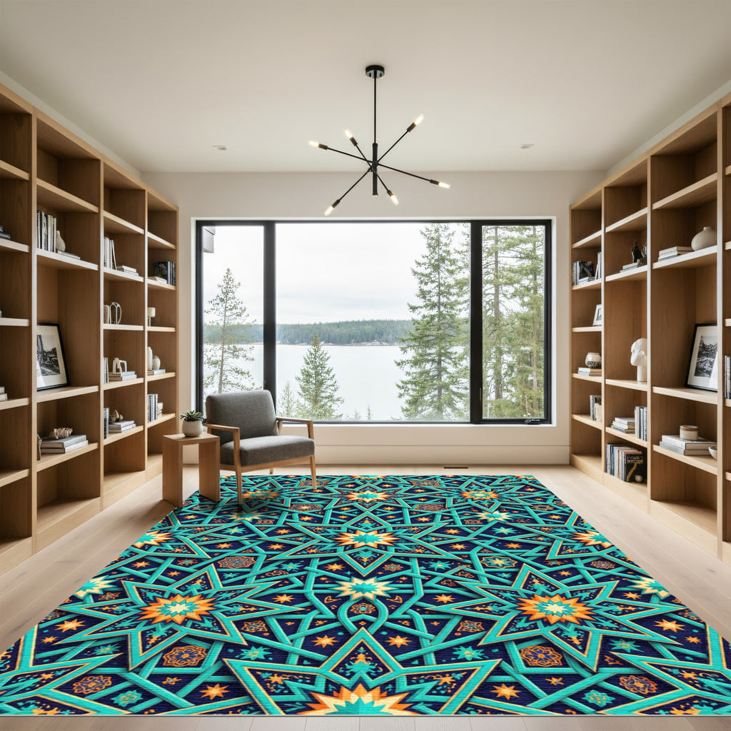 Intricate Teal and Gold Star Geometric Rug