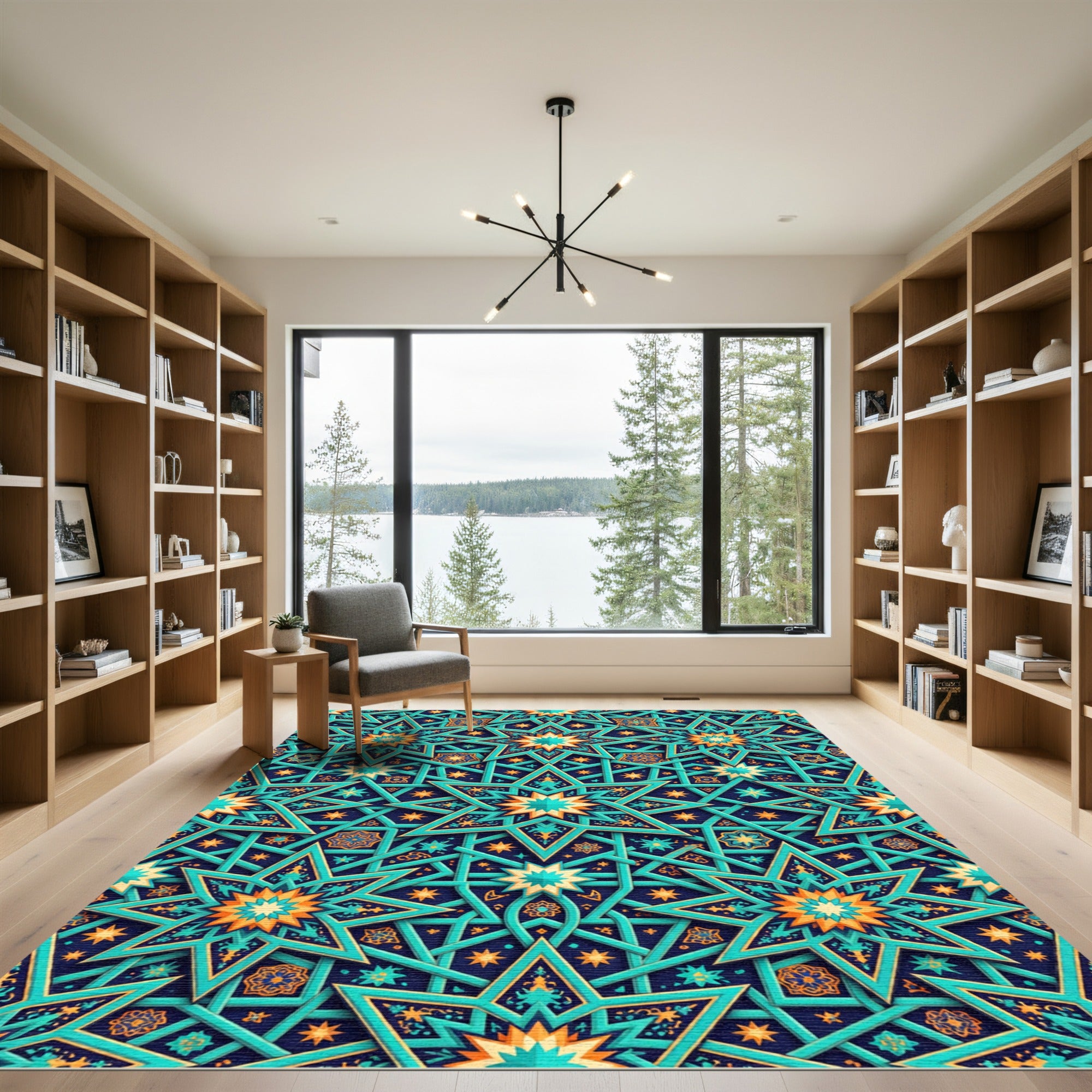 Intricate Teal and Gold Star Geometric Rug