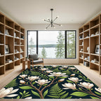 Dark Navy White Magnolia Branch Rug