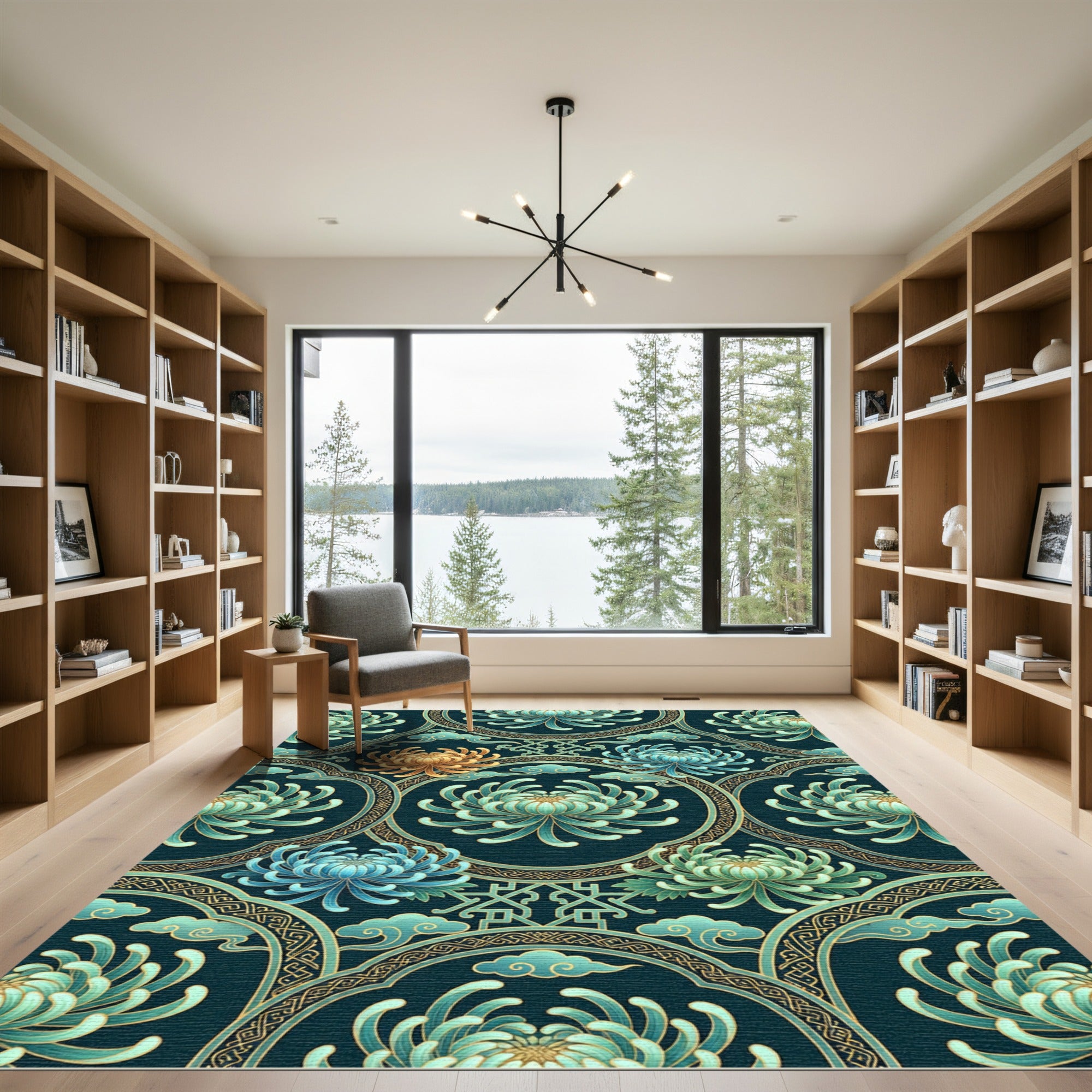 Teal Golden Chrysanthemum Floral Medallion Rug