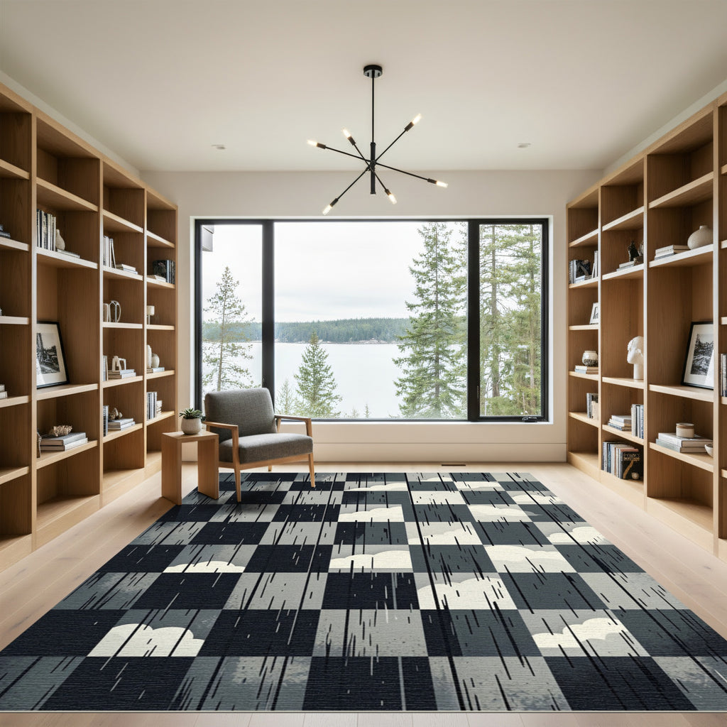 Monochromatic Sky Cloud Checkered Abstract Art Rug