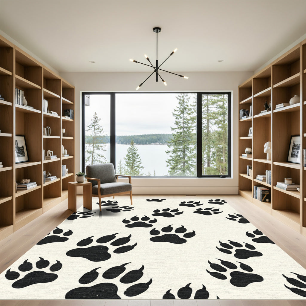 Playful Black Wildlife Paw Track Rug