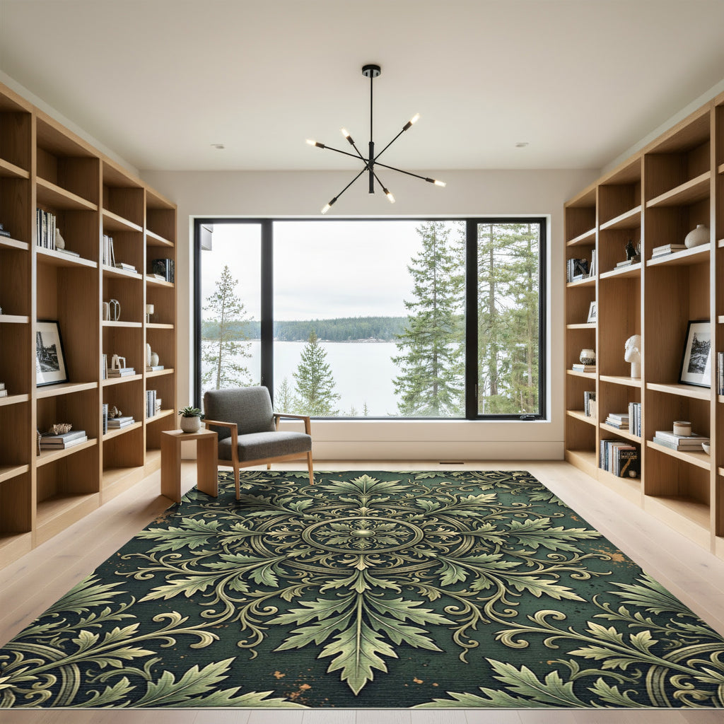 Sage Green Ornate Foliage Medallion Rug