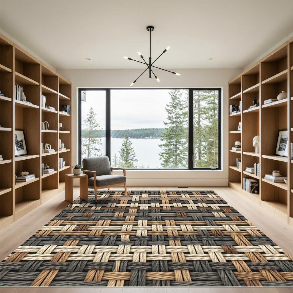 Textured Woven Neutral Earth Tone Grid Rug