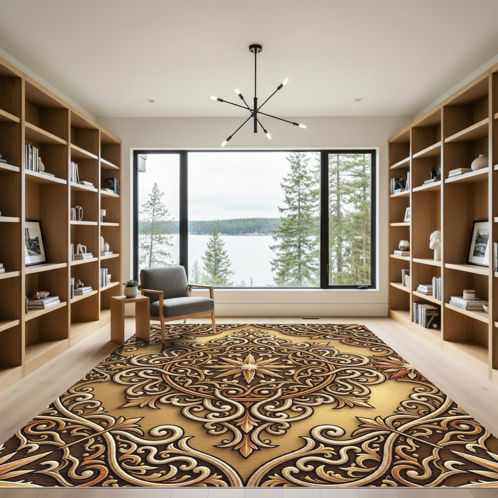 Intricate Golden Scrollwork Starburst Rug