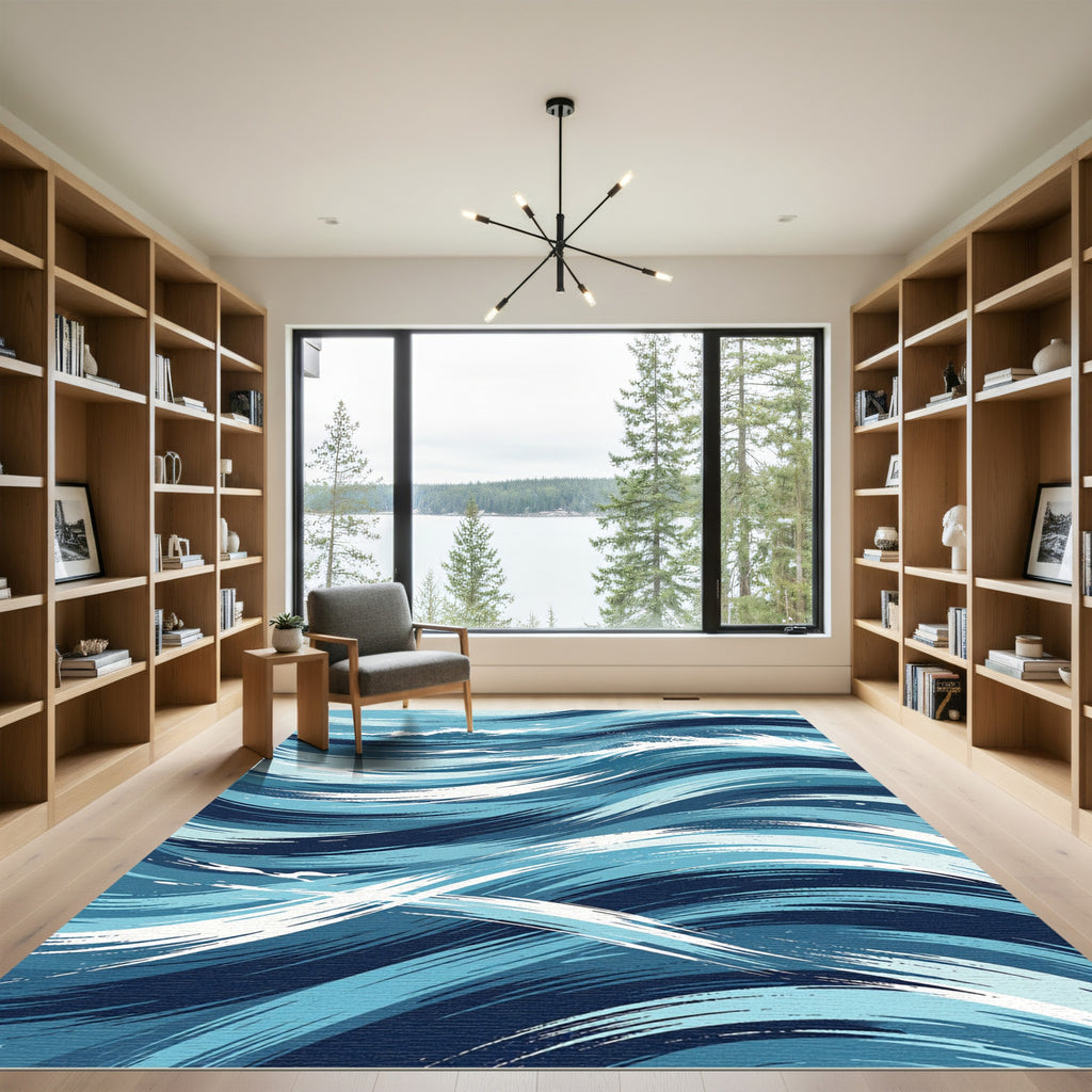 Abstract Navy and Azure Ocean Wave Rug