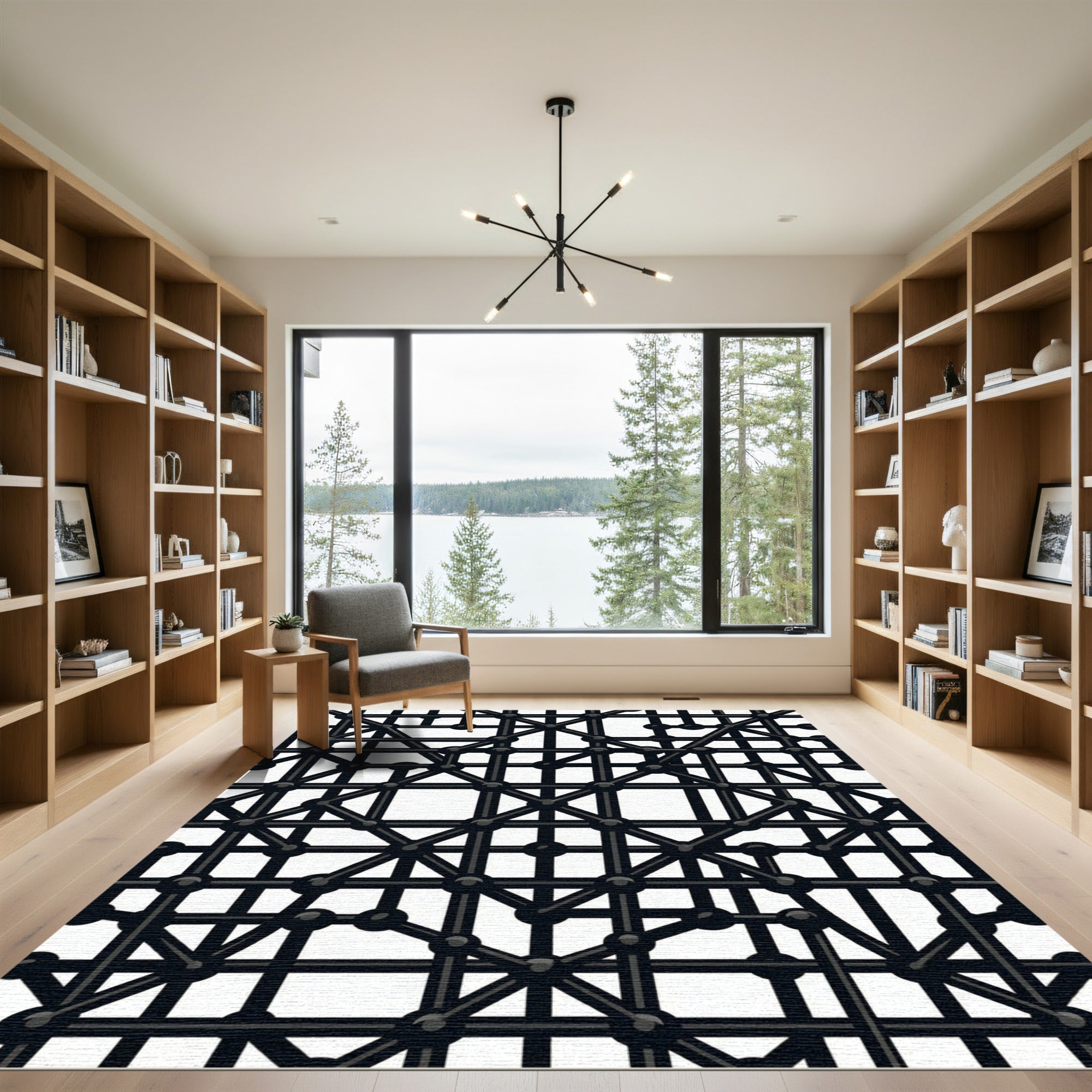 Bold Black Geometric Network Rug